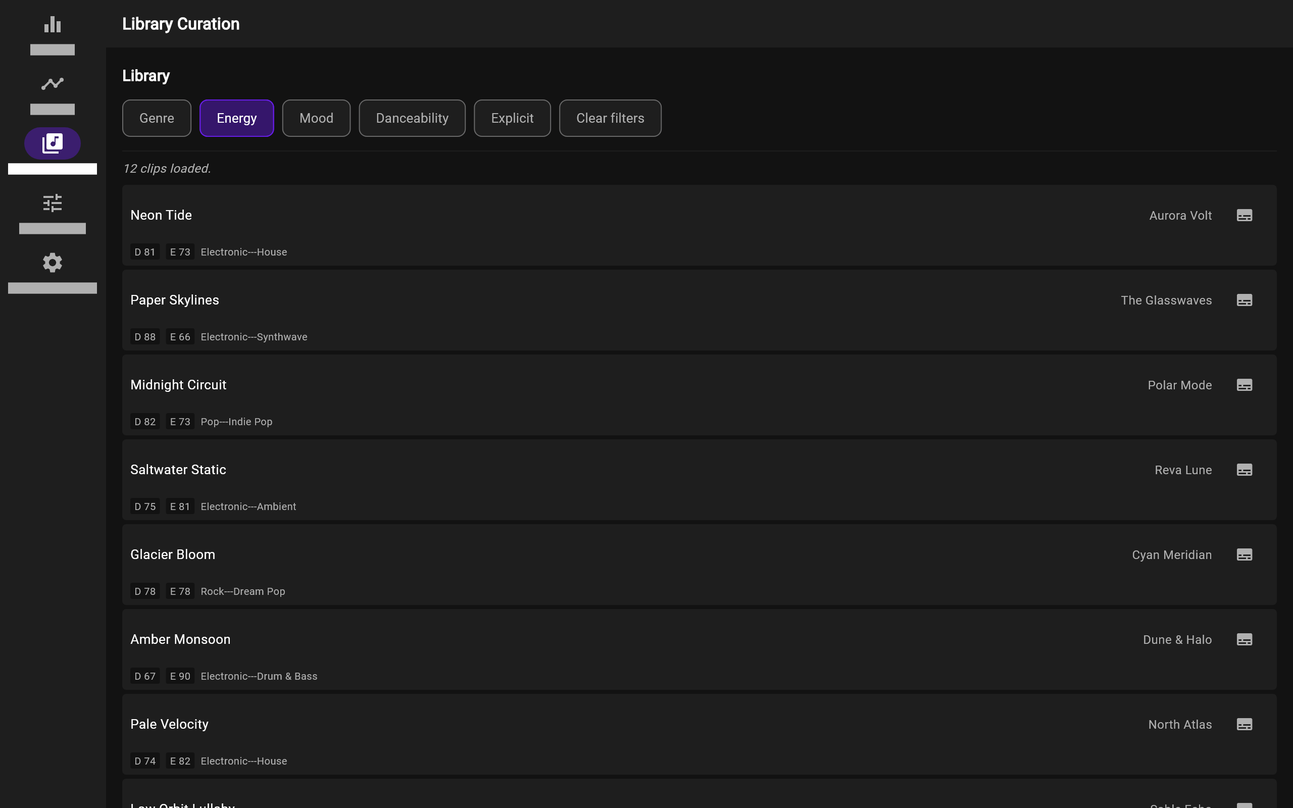 Mix-a-Mash library view: a list of fictional tracks with abstract cover art, tempo and key